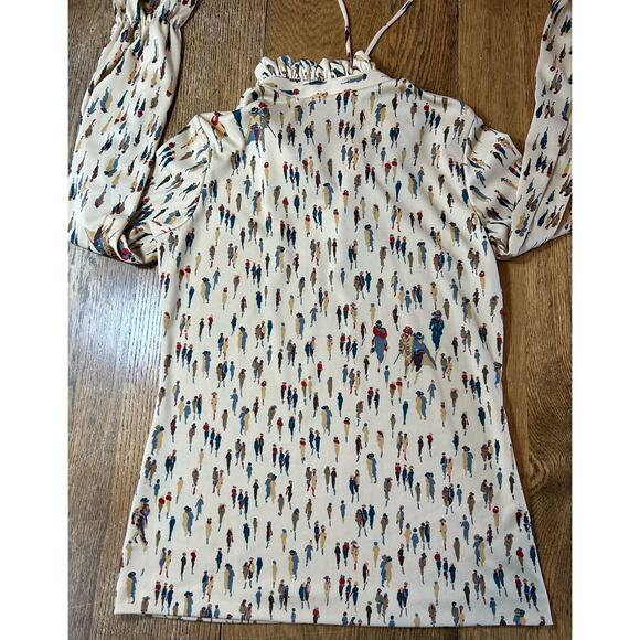 Vintage Mardi Modes NYC Tan Blouse People Strolling Ruffle Neck + Tie Sz 10 - Picture 6 of 7